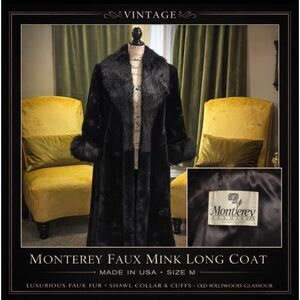 Vintage Monterey Faux Mink Long Coat Black Shawl Collar USA Size M